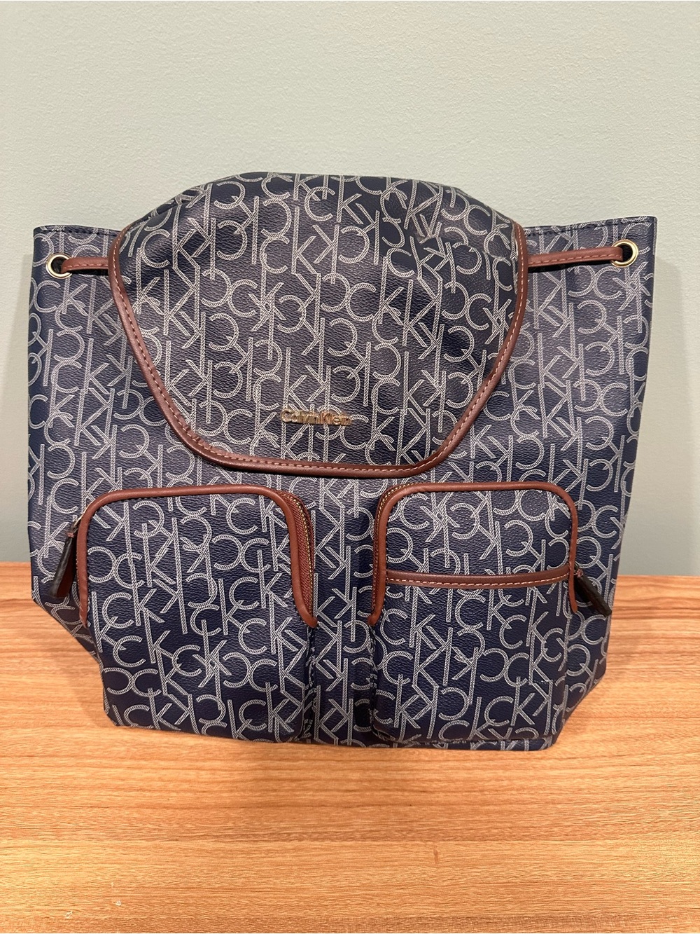 Calvin Klein Navy Monogram Drawstring Backpack Tote